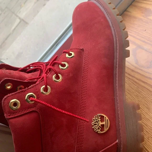 Red and gold timberland boots sale